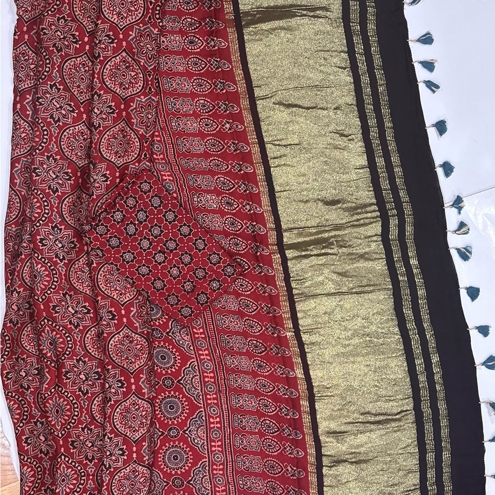 Red and Gold Ajrakh Saree with Tissue Pallu
